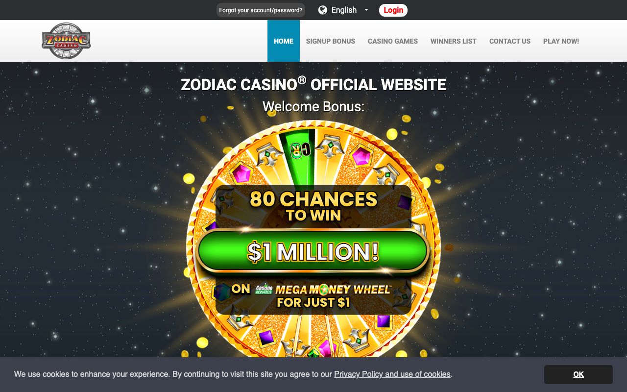 Zodiac Casino homepage